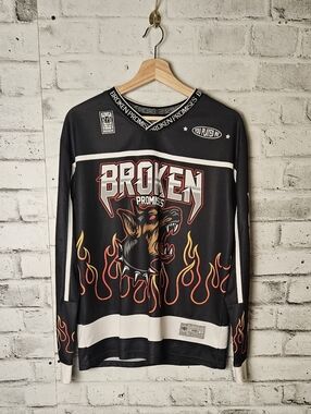 Broken Promises Flame Dog Graphic Hockey Jersey Streetwear Small